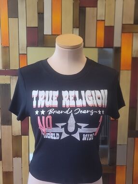 True Religion Black Tee with Pink & White Logo